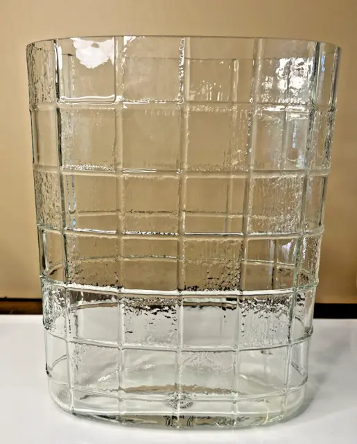 10” Tall Pier One Checkered Clear Glass Vase Oval , Hand Made , Excellent