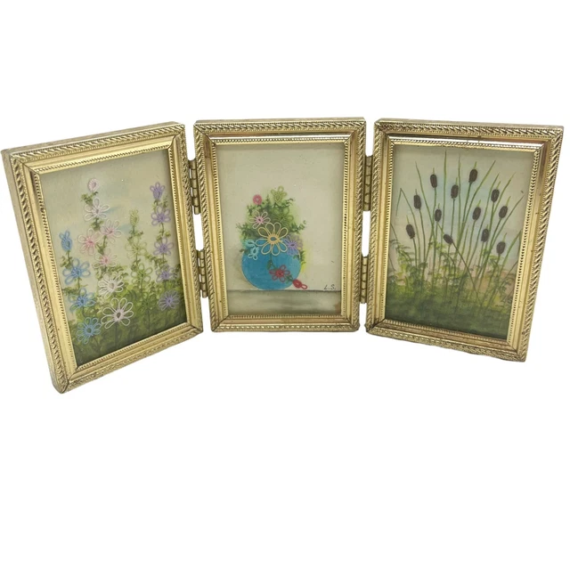 Embroidered Art Floral Three Panel Mini Framed Decor Gold Tone Framed Original