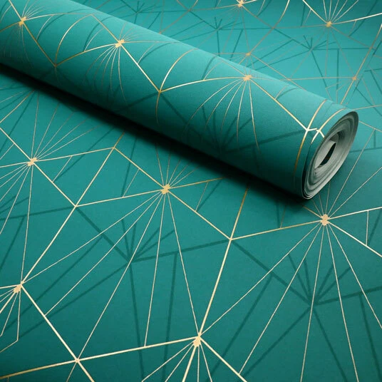 Papier peint vinyle sur intissé Art déco Bleu motif géométrique or
