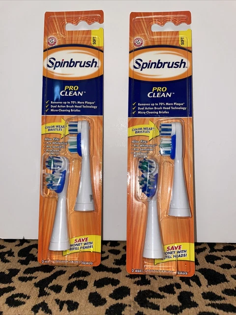 2 paquetes de 2 cerdas suaves limpias Arm & Hammer Spinbrush Pro 2 cabezales de repuesto cada uno