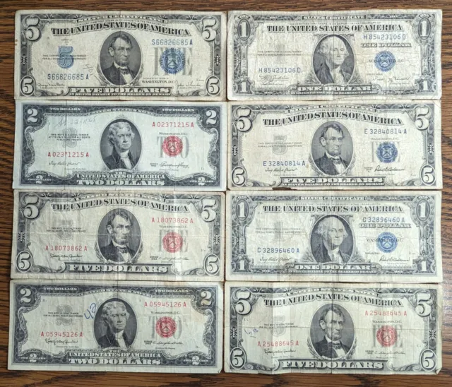 U.S. Currency Lot - Eight Historic Notes Silver Certificates + Red Seals   (071)