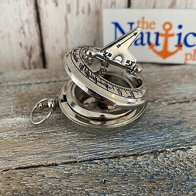 Silver Finish Brass Sundial Compass w/ Lid - Nautical Necklace Pendant -Keychain