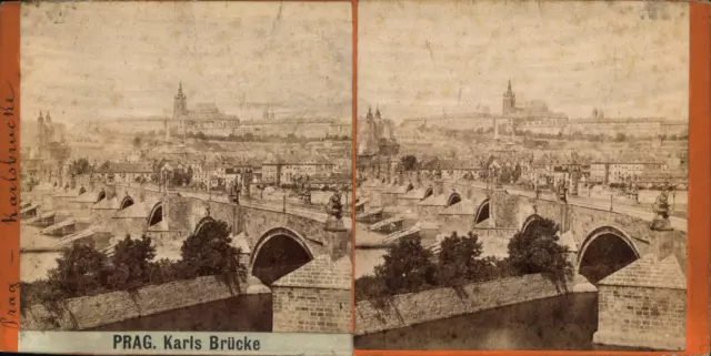 République tchèque, Prague, Pont Charles, vintage print, ca.1870, stéréo Tirage