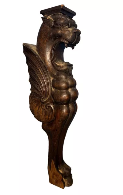 large 21” Antique Carved oak Wood Winged Griffin Gargoyle Corbel Gothic
