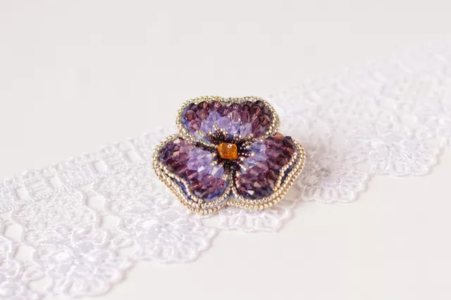 Pansy brooch Embroidered pin Flower jewelry Violet beaded Mathers Gift Floral