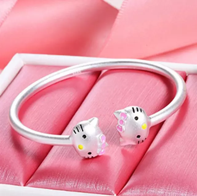Silver Women Girl Hello Kitty Cat Open End Cuff Bangle Adjustable Bracelet