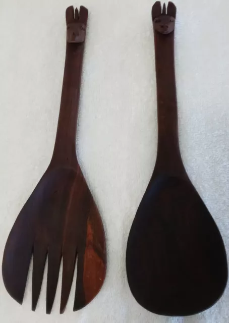 Hand Carved Wooden Llamas Salad Servers Spoon And Fork Set