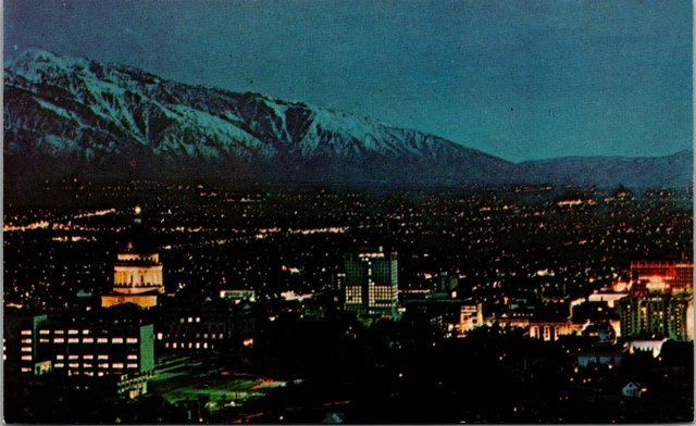 Vtg Salt Lake City Utah UT Aerial View of City State Capitol Night View Postcard
