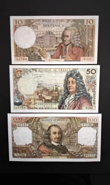 Lot 3 Billets 100fr Corneille + 50fr Racine + 10fr Voltaire En Très Bon État