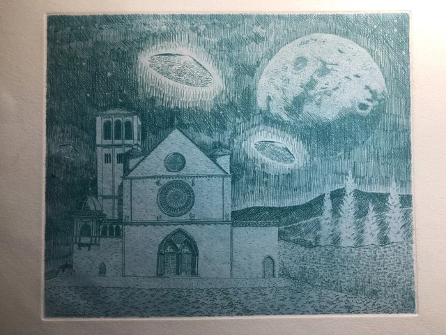 Aquaforte Lucio Trovamala Church spaceships 49.5x35.0 cm 1977 cyan Aquaforte Lucio Trovamala Church spaceships 49.5x35.0 cm 1977 cyan
