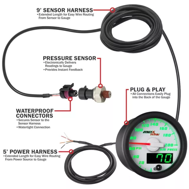 52mm White MaxTow 200 PSI Air Pressure Air Suspension Gauge 2