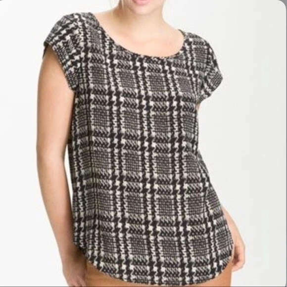 Joie Houndstooth Silk Cap Sleeve Rancher Top, L Joie Houndstooth Silk Cap Sleeve Rancher Top, L