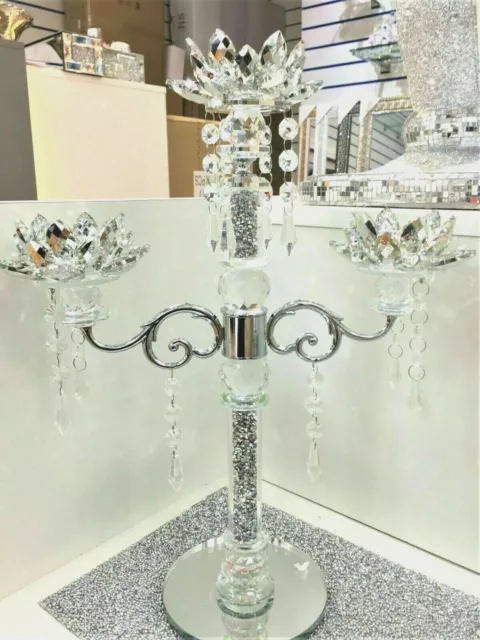 3 Tier Lotus CANDLE HOLDER Crushed Diamond Silver Crystals Filled Romany Bling