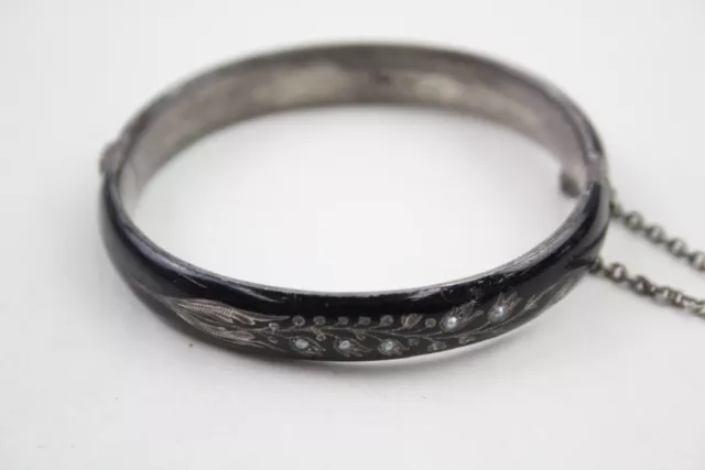 800 Silver Victorian Mourning Bangle Enamel Seed Pearl Floral Safety Chain (19g)
