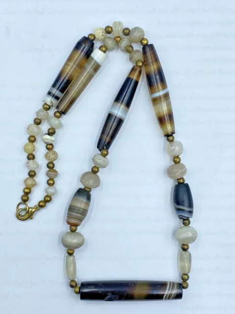 Old Antique Ancient Indo Greco Bactrian Banded Agate Beads Necklace
