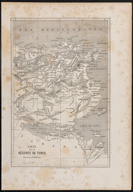 1865 - Carte géographique de la Tunisie - Gravure ancienne - Tunis & Afrique