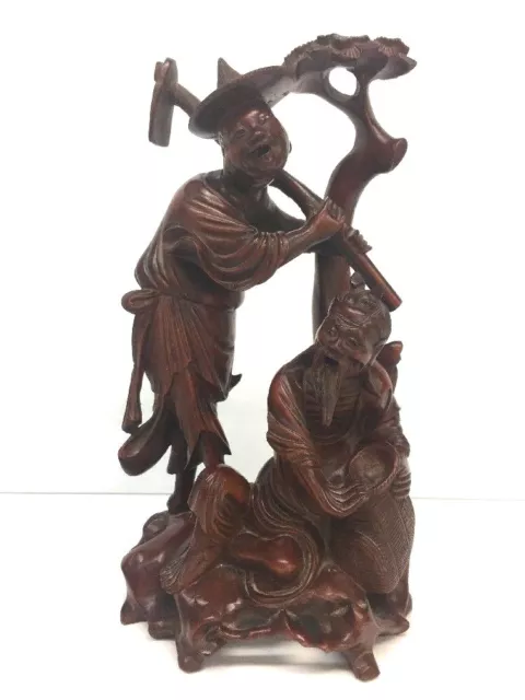 Antique Chinese Carved Rosewood Figurine Two Men Statue