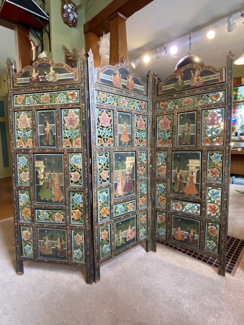 Antique 3 Panel Hand Painted & Carved Indian Privacy Screen/ Room Divider