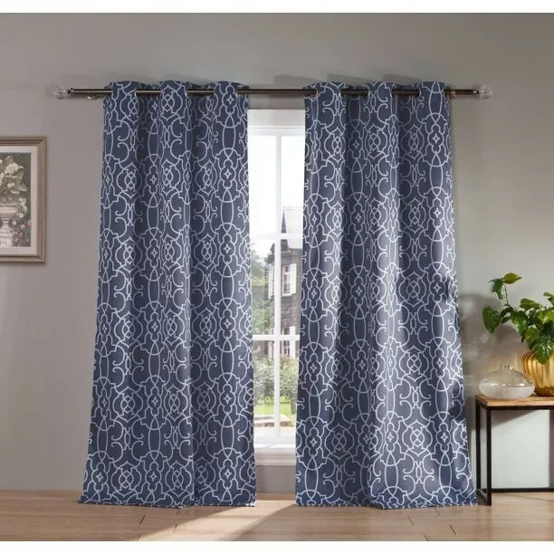 LALA + BASH Indigo Trellis Thermal Blackout Curtain 38 in. W x 84 in. L Set oF 2