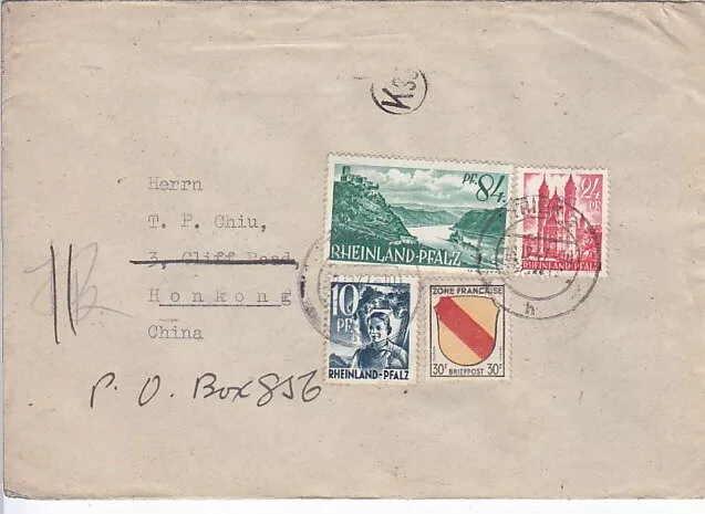 Franz. Zone  Rh. Pf. kpl. Brief nach CHINA mit AK.Stpl. KOW LOON - HONGKONG 1948