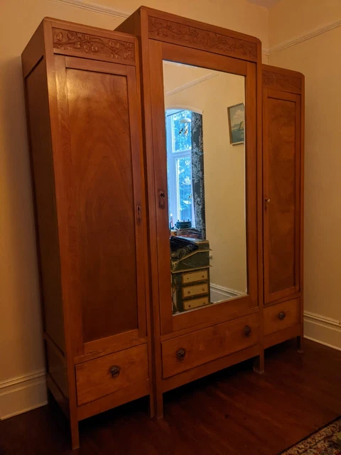 Large Antique Wardrobe with Mirror and Drawers