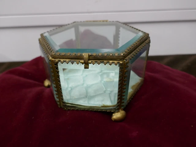 Grosse Boîte à Bijoux Napoléon III – Dimensions 13x?x10 Cm, Verre Biseauté, Laiton, Occasion Bon état