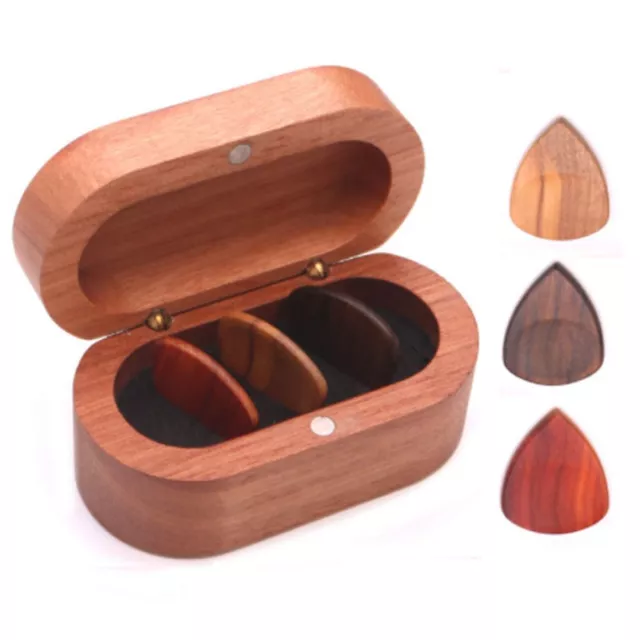 Gift Bass Holder Wooden Box with 3 Wood Picks Plectrum Casket Guitar Picks Case