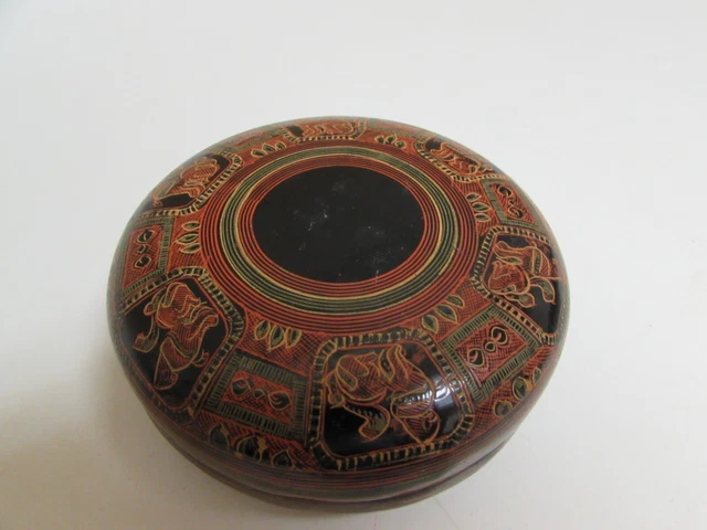 Burmese Lacquer Box  4 ½”  Diameter   Cinnabar Interior Very Good Condition 2