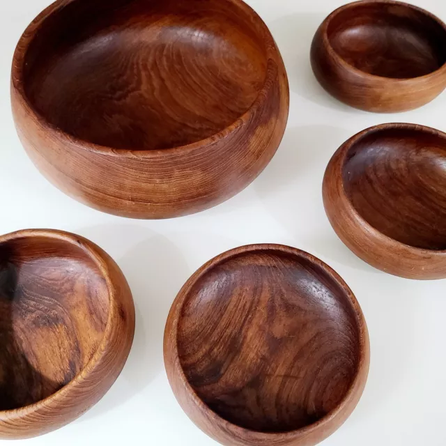 Vintage 5pc Set Teak Winsome Round Salad Bowl Set Wooden Boho MCM Danish Style