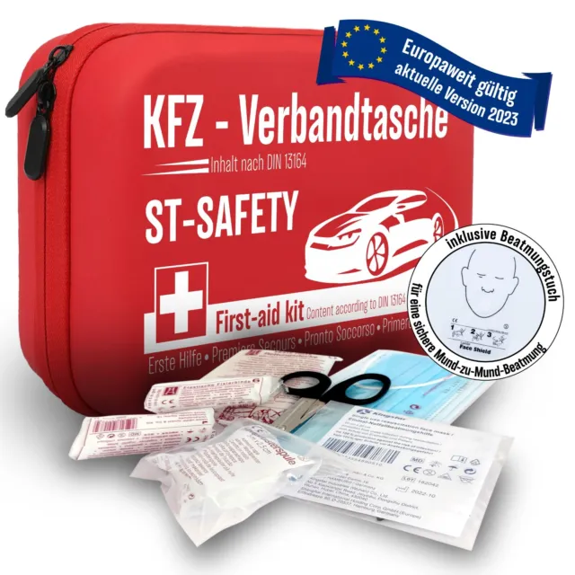 KFZ-Verbandtasche Mini 3 in 1 mit Reißverschluss und Klettbändern, DIN  13164, mit Warndreieck und Warnweste, blau : : Auto & Motorrad
