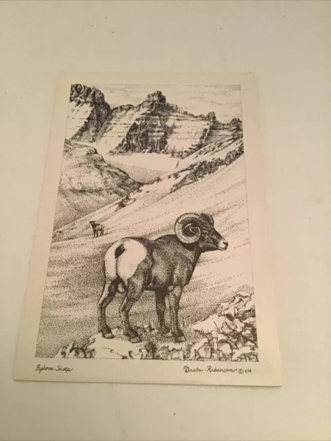 Bighorn Sheep Leslie Drake-Robinson Art Unused Vintage 4x6 Postcard Drawing