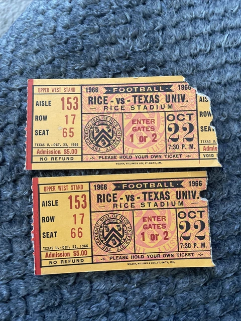 Set Of Texas Longhorns Football Ticket  VS Rice Owls Oct 22, 1966