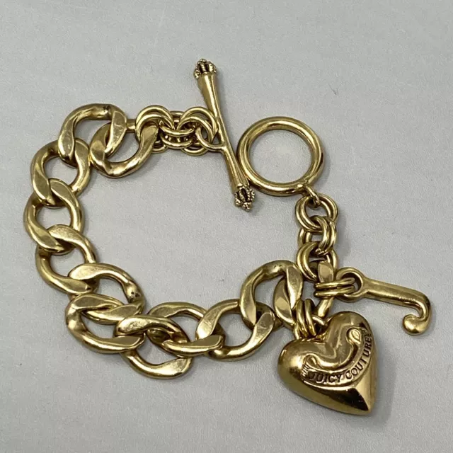 Juicy Couture Bracelet Flat Heart Charm Gold Tone Toggle Classic Chain  Chunky 7 