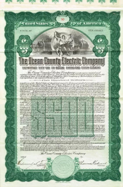 USA OCEAN COUNTY ELECTRIC GOLD BOND stock certificate 1919 $500