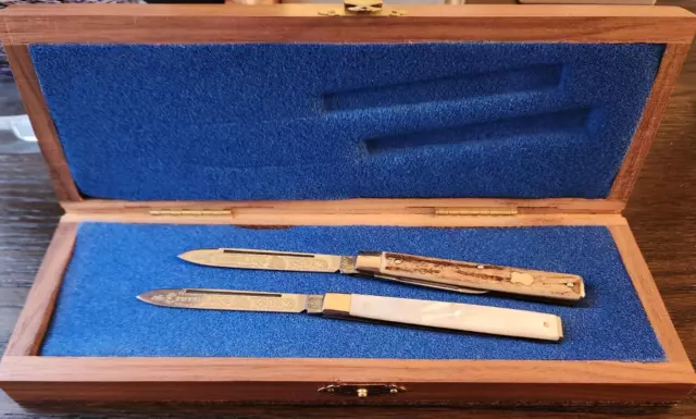 Pre 1982 Fight'n Rooster Physicians 2 Knife Set - Pearl And Stag - #009 With Box