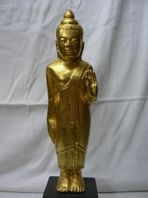 AB109 Antique Burmese Buddha Carved Wood Gold color 19th C. "do not fear" 2