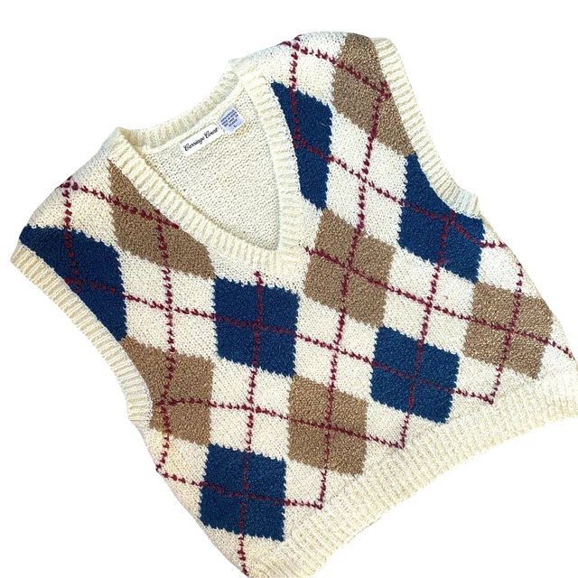 Gilet Maglione Vintage Grande Da Uomo Argillo Avorio Grossa Maglia Carriage Court