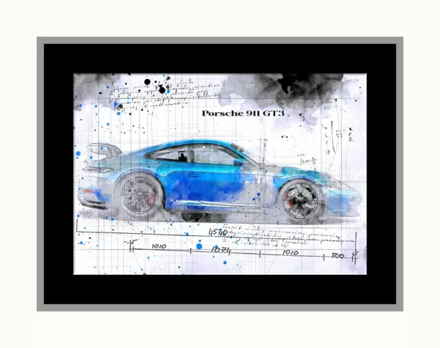 Line Tech Drawing  Porsche 911 GT3   Mock Retro Art Poster Print