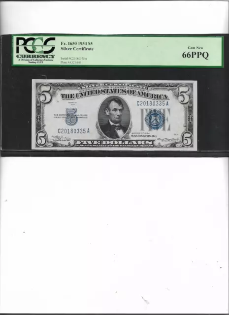 Silver Certificate  Fr. 1650 1934A $5 Block C-A  Gem New 66Ppq
