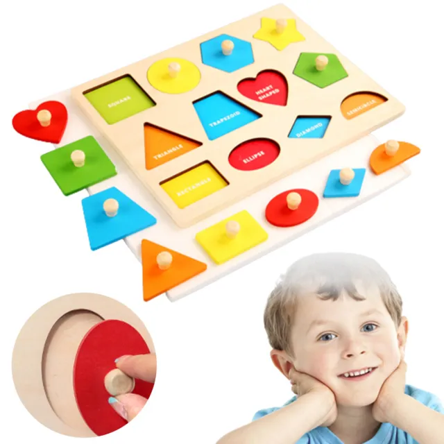 Wooden Geometry Panel Montessori Toy Shape Peg Kids Puzzle Building Block Toys