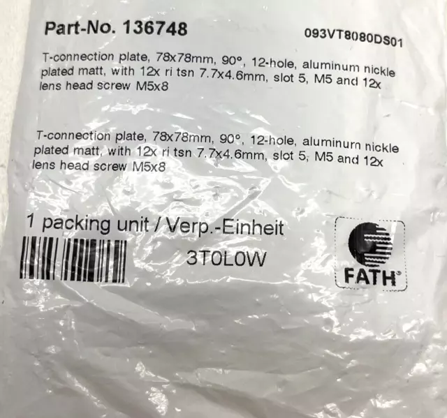 FATH 093VT8080D S01 Joining Plate: Tee Flat Plate, 78 mm x 78 mm x 4 mm