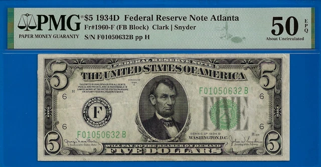 FR-1960-F✅ 1934-D $5 FRN ➡️ KEY Note 🔴 Atlanta  ⬅️ PMG 50EPQ # F01050632B