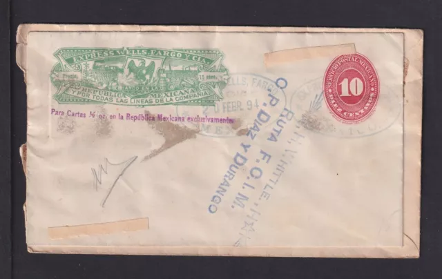 1894 - 10 C. Wells-Fargo GS Frankatur rückseitig auf Brief aus Mexico (22073011)