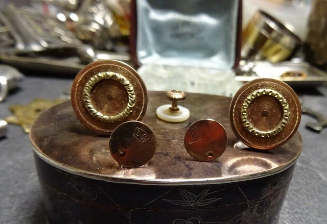 Écrin Boutons de Manchettes col et Chemise  XIXe Argent Or  Sterling , Gold 19th