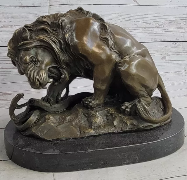 Vintage Hot Cast Bronze Lion Devouring Snake Statue Signed Listed Sculptor Barye