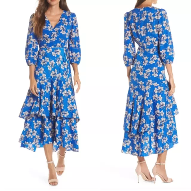 Eliza J Floral Faux-Wrap Tiered Midi Dress Blue Women's Size 4