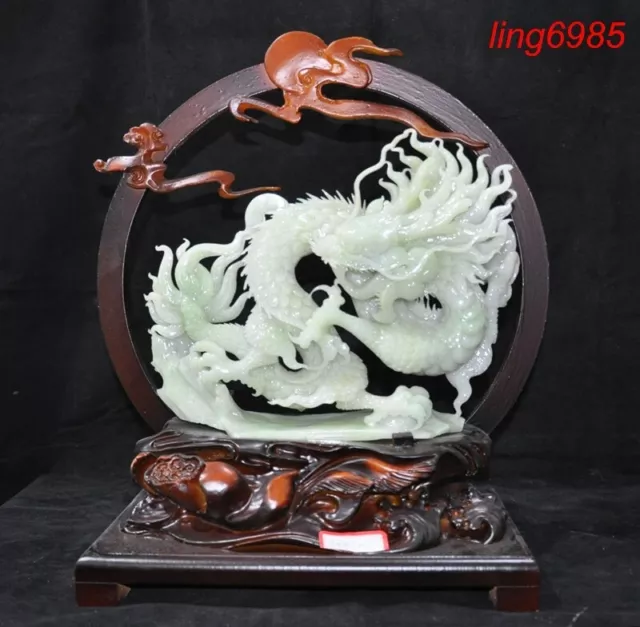 China Natural Xiu Jade Jadeite Carved Zodiac Year animal Loong dragon statue