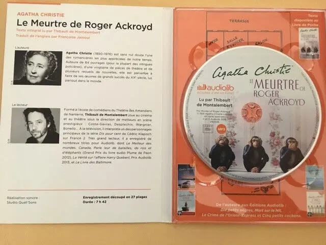 LIVRE LU -1 CD AUDIO- LE MEURTRE DE ROGER ACKROYD Agatha Christie Audiolib 2016