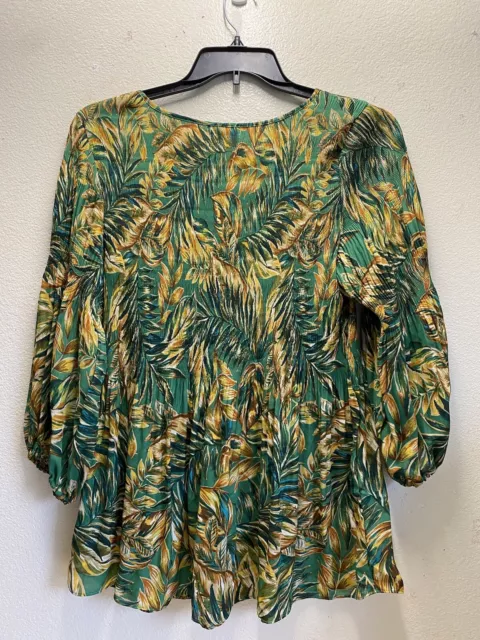 NWT Floral & Ivy Womens IX blouse Floral Stretch GreenPleated Blouse Puff Sleeve 2