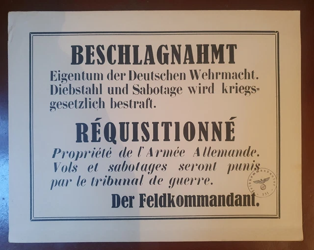 Ww2 Wk2 Affiche Allemande Requisition Wehrmacht Occupation France 1940
